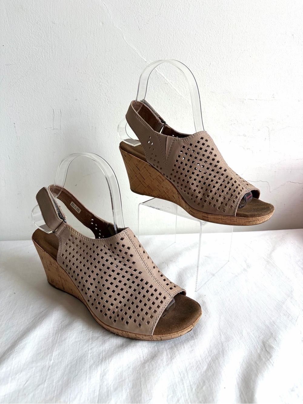 Rockport Briah Taupe Perforated Slingback Cork Wedge Sandals